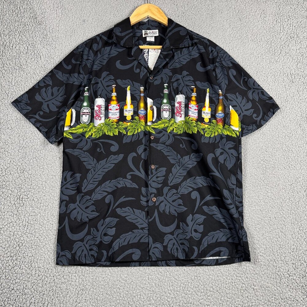Vintage Aloha Republic Hawaiian Shirt Men Size Medium Black Floral Beer‎ Parody